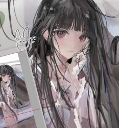 Rule 34 | 1girl, black hair, closed mouth, collarbone, head rest, highres, hime cut, houraisan kaguya, light smile, long hair, long sleeves, looking at viewer, pink shirt, red eyes, sesmkun, shirt, solo, touhou, very long hair