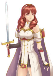 1girl armor black_gloves black_skirt breastplate cape celica_(fire_emblem) choker dress earrings fingerless_gloves fire_emblem fire_emblem_echoes:_shadows_of_valentia gloves holding holding_sword holding_weapon ibushi_(oath) jewelry long_hair nintendo orange_eyes orange_hair princess red_eyes red_hair skirt solo sword tiara weapon white_armor white_dress