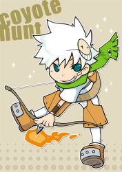 1boy arrow_(projectile) blue_eyes bow_(weapon) brown_shirt brown_shoes brown_shorts circle_name crop_top fire flaming_arrow full_body goblin_mask green_scarf grin holding holding_bow_(weapon) holding_weapon hunter_(ragnarok_online) jacket kano_(coyotehunt) looking_at_viewer mask mask_on_head pants pants_under_shorts ragnarok_online scarf shirt shoes short_hair short_sleeves shorts smile solo weapon white_jacket white_pants wristband