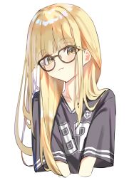 Rule 34 | 1girl, :3, black shirt, blonde hair, blunt bangs, blush, brown-framed eyewear, collarbone, commentary request, cropped arms, cropped torso, fujita kotone, gakuen idolmaster, glasses, highres, idolmaster, long hair, looking at viewer, macchi (gduv5257), shirt, simple background, solo, straight hair, upper body, v-neck, very long hair, white background, yellow eyes