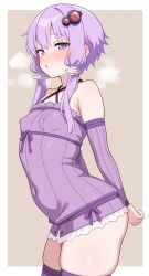 1girl absurdres bare_shoulders blush breasts commentary_request covered_erect_nipples covered_navel dress heavy_breathing highres looking_at_viewer purple_dress purple_eyes purple_hair shiguren_39 short_dress short_hair_with_long_locks small_breasts solo thighhighs vocaloid voiceroid yuzuki_yukari