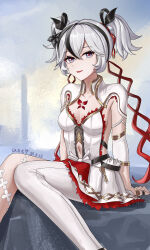 1girl absurdres asymmetrical_clothes black_eyes black_flower blake_bloom_(wuthering_waves) breasts camellya_(wuthering_waves) chinese_commentary clothing_cutout collar collarbone commentary_request dress feet_out_of_frame flower hair_between_eyes hair_flower hair_ornament hair_vines highres looking_at_viewer navel outdoors pants parted_lips red_pupils short_hair short_twintails sideless_dress single_pantsleg sitting small_breasts smile solo stomach_cutout twintails white_collar white_dress white_pants wuthering_waves yitai_zhi_meng