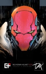 1boy batman_(series) black_background dc_comics dexter_soy glowing glowing_eyes helmet highres hood jason_todd male_focus mask portrait red_headwear red_hood_(dc) red_ronin_(dc) simple_background solo superhero_costume upper_body white_eyes white_hood