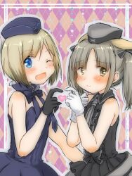 2girls alternate_costume animal_ears black_gloves blonde_hair blue_eyes blush brave_witches brown_hair edytha_rossmann erica_hartmann fox_ears fox_girl garrison_cap gloves grey_hair hat loud_stereo multiple_girls necktie one_eye_closed open_mouth short_hair standing strike_witches white_gloves world_witches_series