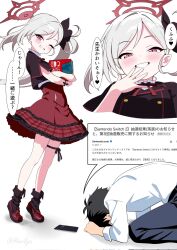 1boy 1gen_sinkun 1girl blue_archive blush breasts full_body halo highres light_smile long_hair looking_at_viewer mutsuki_(blue_archive) nintendo_switch_2 pointy_ears red_eyes red_halo sensei_(blue_archive) simple_background small_breasts standing translation_request twitter_username white_background white_hair