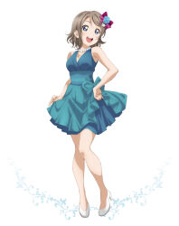 Rule 34 | 1girl, artbook, blue dress, blue eyes, blush, breasts, cleavage, dress, flower, full body, grey hair, hair flower, hair ornament, hand on own hip, high heels, highres, jewelry, looking at viewer, love live!, love live! sunshine!!, medium breasts, necklace, non-web source, official art, open mouth, pearl necklace, short hair, simple background, sleeveless, smile, solo, standing, watanabe you, white background