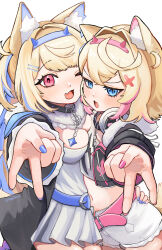 2girls absurdres animal_ear_fluff animal_ears black_coat black_jacket blonde_hair blue_eyes blue_hair blue_hairband breasts cleavage coat cowboy_shot cropped_shirt dog_ears dog_girl dress fake_horns fang flat_chest fuwawa_abyssgard fuwawa_abyssgard_(1st_costume) hairband highres hololive hololive_english horns jacket large_breasts long_hair mococo_abyssgard mococo_abyssgard_(1st_costume) multicolored_hair multiple_girls navel one_eye_closed open_clothes open_coat open_jacket pink_eyes pink_hair pink_hairband shibedraws shirt short_hair shorts simple_background skin_fang spiked_hairband spikes streaked_hair two-tone_hair white_background white_dress white_shirt white_shorts