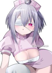 Rule 34 | 1girl, 4rion, :o, absurdres, alternate costume, bare arms, blush, breasts, bright pupils, cleavage cutout, clothing cutout, colored eyelashes, commentary, dress, eyelashes, eyepatch, grey hair, hair between eyes, hat, heart, heart print, heart sticker, highres, isshiki chaos, leaning forward, looking at viewer, mahjong fight girl, medical eyepatch, medium breasts, medium hair, nurse, nurse cap, one eye covered, open mouth, pink dress, pink hat, puffy short sleeves, puffy sleeves, red eyes, short dress, short sleeves, sidelocks, simple background, slit pupils, solo, spiked hair, sticker on face, thighhighs, twitter username, white background, white eyelashes, white pupils, white thighhighs