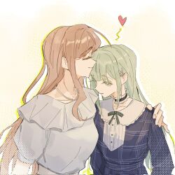 2girls bang_dream! bang_dream!_it&#039;s_mygo!!!!! blue_dress brown_hair choker closed_eyes closed_mouth commentary dress frilled_choker frills green_hair halftone hand_on_another&#039;s_shoulder hashtag-only_commentary heart highres kiss kissing_forehead long_hair long_sleeves multiple_girls nagasaki_soyo outline parted_lips plaid_clothes sasagawa_yuki shirt short_sleeves smile upper_body wakaba_mutsumi white_outline white_shirt yellow_background yellow_eyes yuri