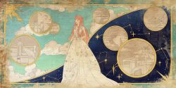 1girl artist_request blue_sky blunt_bangs bracelet brown_eyes castle chinese_commentary clenched_hand closed_mouth cloud commentary_request constellation dress eyelashes floral_print frilled_dress frills full_body gown jewelry long_dress long_hair long_sidelocks looking_ahead night night_sky nikki_(nikki) nikki_(series) outside_border pink_hair pleated_dress second-party_source shining_nikki sidelocks sky sleeveless sleeveless_dress smile solo star_(sky) starry_sky sun tiara very_long_hair white_dress