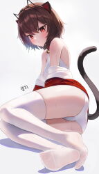 1girl absurdres animal_ear_hairband animal_ears ass bare_shoulders bell black_tail brown_hair cameltoe cat_ear_hairband cat_ears cat_girl cat_tail character_name collar commentary_request commission commissioner_name fake_animal_ears feet hairband highres jacket jingle_bell korean_commentary looking_at_viewer minn_(kangjm1107) mole mole_on_thigh mole_under_eye neck_bell no_shoes off_shoulder one-piece_swimsuit original parted_lips prunechi red_collar red_eyes red_jacket school_swimsuit second-party_source shoes short_hair simple_background sitting solo swimsuit tail tail_raised thighhighs thighs wet white_background white_one-piece_swimsuit white_thighhighs yokozuwari