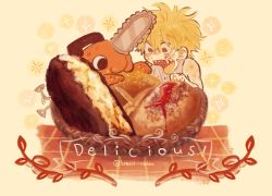 1boy absurdres basket biting blonde_hair bread bread_bun breathinrelax chainsaw chainsaw_man child denji_(chainsaw_man) dirty dirty_face food grey_tank_top highres jam melon_bread open_mouth orange_theme pochita_(chainsaw_man) sharp_teeth short_hair tail tail_wagging tank_top teeth yellow_background