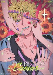 Rule 34 | 1boy, battle tendency, birthday, black shirt, blonde hair, blue jacket, blue nails, caesar anthonio zeppeli, character name, cigarette, collarbone, collared shirt, commentary, commentary request, cross, cross necklace, dated, english text, facial mark, flower, green eyes, green nails, grin, hair ornament, hand on another&#039;s face, hands on another&#039;s cheeks, hands on another&#039;s face, happy birthday, hatching (texture), headband, highres, inverted cross, jacket, jewelry, jojo no kimyou na bouken, latin cross, lipstick mark, looking at viewer, male focus, mouth hold, nail polish, necklace, necktie, one eye closed, open collar, out of frame, outline, pink headband, pink nails, pink necktie, purple nails, rkznfksthsus, shirt, short hair, smile, sparkle, sunflower, teeth, triangle print, undone necktie, upper body