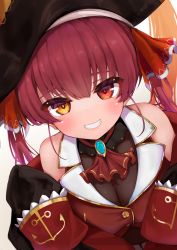1girl absurdres ascot bare_shoulders bicorne black_coat black_hat blush breasts brooch cleavage coat frilled_shirt_collar frills gold_trim grin hair_ribbon hat heterochromia highres hololive houshou_marine jacket jewelry kohe_billialot large_breasts leotard leotard_under_clothes long_hair long_sleeves looking_at_viewer off_shoulder pirate pirate_hat red_ascot red_eyes red_hair red_jacket red_ribbon ribbon see-through_clothes see-through_cleavage see-through_leotard sleeves_past_fingers sleeves_past_wrists smile solo twintails upper_body virtual_youtuber yellow_eyes