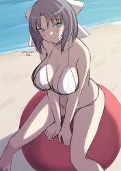 1girl absurdres artist_name ball bare_shoulders beach beachball bikini blue_eyes blush breasts chimunge cleavage collarbone commentary_request day feet grey_hair hair_ribbon highres large_breasts legs looking_at_viewer medium_hair ocean ribbon senran_kagura senran_kagura_burst_re:newal senran_kagura_estival_versus senran_kagura_shinovi_versus shiny_skin signature sitting sitting_on_ball smile solo swimsuit thighs toes water white_bikini yumi_(senran_kagura)