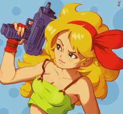 1girl blonde_hair blue_background breasts cleavage commentary crop_top curly_hair dark_persona dragon_ball dragon_ball_(classic) english_commentary eyebrows female_focus fingerless_gloves gloves green_eyes gun hairband holding holding_gun holding_weapon joakim_sandberg lips long_hair lunch_(bad)_(dragon_ball) lunch_(dragon_ball) machine_pistol medium_breasts polka_dot polka_dot_background red_gloves red_hairband solo spaghetti_strap stomach submachine_gun trigger_discipline uzi weapon