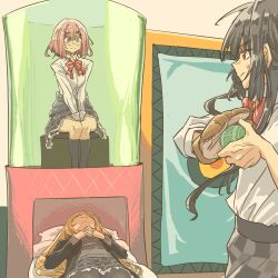 Rule 34 | 3girls, amaori renako, anjuro zeeku, ball, baseball, baseball glove, black hair, black jacket, black pantyhose, black skirt, black socks, blonde hair, blush, bow, bowtie, closed mouth, collared shirt, commentary, dunk tank, english commentary, grey sweater, highres, holding, holding ball, imminent facesitting, jacket, kneehighs, koto satsuki, long hair, medium hair, multiple girls, ouzuka mai, own hands together, pantyhose, pink eyes, pink hair, plaid clothes, plaid skirt, red bow, red bowtie, red eyes, shirt, skirt, socks, sweatdrop, sweater, watashi ga koibito ni nareru wake naijan murimuri!, white shirt, yuri