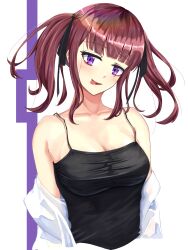 1girl absurdres bare_shoulders black_camisole breasts brown_hair camisole cleavage commentary_request cropped_torso hair_ribbon highres looking_at_viewer medium_breasts medium_hair mole mole_under_eye natsuki_karin nuwafuruys72 purple_eyes ribbon shirt_partially_removed simple_background smile solo spaghetti_strap synthesizer_v tongue tongue_out twintails white_background