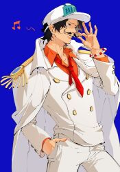 Rule 34 | 1boy, alternate universe, black hair, blue background, bracelet, coat, coat on shoulders, commentary request, cowboy shot, epaulettes, facial hair, freckles, hand in pocket, hat, jacket, jewelry, male focus, marine uniform (one piece), musical note, mustache, necktie, one piece, orange shirt, pants, portgas d. ace, red necktie, shirt, shlyackerman, simple background, smile, solo, white coat, white hat, white jacket, white pants