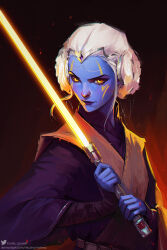 1girl alien blue_skin colored_skin deviantart_username donut_hair_bun double_bun energy_sword hair_bun highres holding holding_sword holding_weapon jedi laurelin lightsaber orange_eyes pantoran solo star_wars sword twitter_logo twitter_username upper_body watermark weapon web_address white_hair yellow_lightsaber