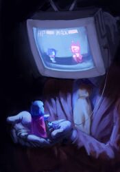 1boy 1other ant_tenna blue_hair blue_skin cape colored_skin commentary controller deltarune english_commentary game_controller gloves highres kris_(dark_world)_(deltarune) kris_(deltarune) long_sleeves necktie object_head sitting upper_body white_gloves wizard0rb