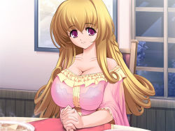 Rule 34 | 1girl, blonde hair, bra, breasts, cleavage, dress, female focus, game cg, gunner-l, huge breasts, indoors, koinoki shizuku, lace, lace-trimmed bra, lace trim, long hair, looking at viewer, see-through clothes, sitting, solo, table, tsuri baka, underwear, window