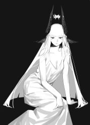 Rule 34 | 1girl, absurdres, animal ears, black background, black eyes, borrowed character, colored skin, commentary, curantohashdash, dress, english commentary, feet out of frame, highres, horns, long hair, looking at viewer, original, red pupils, simple background, sitting, solo, very long hair, white dress, white hair, white skin