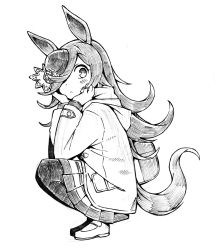 1girl :c absurdres animal_ears backpack bag blush closed_mouth coat enoki_art flower from_side full_body greyscale hair_over_one_eye hands_on_own_cheeks hands_on_own_face hat highres hood hood_down hooded_coat horse_ears horse_girl horse_tail long_hair long_sleeves looking_at_viewer monochrome pantyhose pleated_skirt rice_shower_(umamusume) rose shoes skirt solo squatting tail umamusume