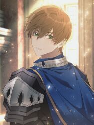 Rule 34 | 1boy, absurdres, alter (mabinogi), armor, blue cape, brown hair, cape, commentary request, green eyes, hair between eyes, highres, indoors, korean commentary, light particles, looking back, looking to the side, mabinogi, male focus, parted bangs, parted lips, pauldrons, ray (lthenray), shoulder armor, sideways glance, smile, solo, teeth, upper body, window