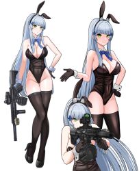 1girl absurdres aiming alternate_costume animal_ear_fluff animal_ears assault_rifle bare_shoulders black_gloves black_leotard black_shoes black_thighhighs blue_bow blue_hair bow breasts cleavage closed_mouth collar commentary cross_hair_ornament detached_collar dwi_c fake_animal_ears finger_on_trigger girls&#039;_frontline gloves green_eyes gun h&amp;k_hk416 hair_ornament high_heels highres hk416_(girls&#039;_frontline) leotard long_hair looking_at_viewer multiple_views playboy_bunny rabbit rifle scope shoes sidelocks simple_background smile suppressor symbol-only_commentary tattoo teardrop_facial_mark teardrop_tattoo thighhighs weapon white_background white_collar white_wrist_cuffs wrist_cuffs