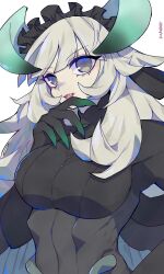 1girl black_eyes breasts chamber_dragonmaid claws cowboy_shot dragon_girl dragon_horns dragonmaid_stern fang grey_hair highres horns kokodari large_breasts long_hair maid_headdress open_mouth simple_background solo transformation upper_body white_background yu-gi-oh!