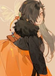 1boy black_dress black_hair brown_eyes bug butterfly crossdressing dress fur_trim hair_ornament hair_over_one_eye insect kuzuvine long_hair looking_at_viewer natsuki_subaru natsumi_schwarz orange_shawl re:zero_kara_hajimeru_isekai_seikatsu shawl trap very_long_hair