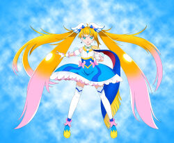 Rule 34 | 1girl, absurdres, ahoge, alternate eye color, alternate hair color, aqua eyes, blonde hair, blue background, blue boots, blue cape, blue dress, blue streaks, boots, bow, brooch, cape, clenched hand, commentary, cure sky, cut bangs, detached sleeves, dress, dress bow, earrings, fingerless gloves, fringe-trimmed cape, fringe trim, full body, furrowed brow, gloves, gradient hair, hair ornament, hand up, highres, hirogaru sky! precure, jewelry, long hair, looking at viewer, magical girl, medium dress, multicolored dress, multicolored hair, open mouth, pink bow, pink hair, precure, puffy detached sleeves, puffy sleeves, red cape, serious, single earring, single hair streak, single sidelock, sleeveless, sleeveless dress, solo, sonic (series), sonic frontiers, sonic the hedgehog, sora harewataru, sphere earrings, super sonic, super sonic 2, thighhighs, touya amagase, twintails, two-sided cape, two-sided fabric, two-tone dress, v-shaped eyebrows, very long hair, white dress, white gloves, white thighhighs, wing brooch, wing hair ornament, zettai ryouiki