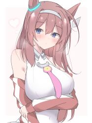 1girl ahoge animal_ears bare_shoulders blue_eyes blush brown_hair grey_hairband hairband hidarite_no_hoosoku_(tdog) highres horse_ears horse_girl jacket long_hair looking_to_the_side mihono_bourbon_(umamusume) off_shoulder red_jacket solo tracen_training_uniform track_jacket umamusume