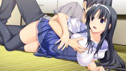 10s 1girl black_eyes black_hair black_thighhighs fukami_nagisa game_cg grabbing_another&#039;s_breast groping highres koutaro long_hair open_mouth protagonist_(tropical_vacation) thighhighs tropical_kiss tropical_vacation twinkle_(company)