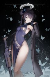 Rule 34 | 1girl, absurdres, black gloves, black hair, blue archive, blue dress, breasts, bug, bun with braided base, butterfly, butterfly hair ornament, china dress, chinese clothes, coat, commentary request, covered navel, cs/ls06, double-parted bangs, double bun, dragon print, dress, glove in mouth, gloves, grey coat, grey eyes, grey halo, gun, hair bun, hair ornament, half gloves, halo, halter dress, halterneck, hand up, helical magazine, high-capacity magazine, highres, holding, holding gun, holding weapon, insect, kisaki (blue archive), long hair, looking at viewer, mouth hold, off shoulder, pelvic curtain, pinstripe coat, print dress, skytofu, sleeveless, sleeveless dress, small breasts, solo, submachine gun, suppressor, twintails, weapon