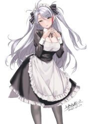 1girl :d alternate_costume apron azur_lane black_dress black_ribbon breasts cleavage commentary_request dress enmaided frilled_apron frilled_dress frills hair_ribbon hands_up interlocked_fingers leaning_forward long_hair maid medium_breasts multicolored_hair open_mouth orange_eyes prinz_eugen_(azur_lane) red_hair ribbon shangshan_qianying smile solo standing streaked_hair thighhighs two-tone_hair very_long_hair waist_apron white_apron white_hair yellow_eyes