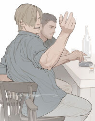 2boys arm_up artist_name ashtray beard_stubble blonde_hair blue_shirt bottle brown_hair chris_redfield cigarette closed_mouth counter cup drinking_glass facial_hair feet_out_of_frame grey_pants hair_over_one_eye holding holding_cigarette leon_s._kennedy looking_ahead male_focus multiple_boys one_eye_covered open_mouth pants resident_evil sardine_(kjr0313) scar scar_on_arm shirt shot_glass sideburns simple_background sitting sleeves_rolled_up smile stubble teeth upper_teeth_only white_background wooden_chair