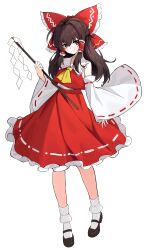 1girl ahoge ascot black_shoes bobby_socks bow brown_hair detached_sleeves frilled_bow frilled_hair_tubes frilled_sailor_collar frills full_body gohei hair_bow hair_tubes hakurei_reimu half_updo highres holding holding_gohei japanese_clothes kinamielise large_variant_set looking_at_viewer mary_janes miko red_eyes red_skirt sailor_collar shirt shoes simple_background skirt skirt_set smile socks solo tachi-e touhou transparent_background variant_set white_shirt white_socks yellow_ascot