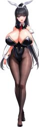 1girl :d absurdres animal_ear_hairband animal_ears arm_at_side arm_up black_hair black_leotard black_pantyhose blunt_bangs breasts chichizaki_momina cleavage covered_navel derauea detached_collar fake_animal_ears full_body game_cg hairband high_ponytail highleg highleg_leotard highres huge_breasts leotard light_blush long_hair looking_at_viewer motto!_haramase!_honoo_no_oppai_isekai_oppai_bunny_gakuen! necktie non-web_source official_art open_mouth pantyhose playboy_bunny ponytail ponytail_with_braided_base purple_eyes rabbit_ear_hairband rabbit_ears red_necktie sidelocks smile solo standing star_(symbol) star_in_eye strapless strapless_leotard symbol_in_eye tachi-e tall_female transparent_background white_hairband white_wrist_cuffs wrist_cuffs