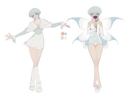 1girl arm_behind_back bare_legs bare_shoulders blue_eyes blue_eyeshadow blue_hair blue_lips blue_nails blue_shirt boots closed_mouth clothing_cutout color_guide crossed_legs eyelashes eyes_visible_through_hair eyeshadow fairy fairy_wings fingernails flats flower flower_to_mouth frilled_sleeves frills full_body glitter gradient_hair grey_hair hair_over_one_eye heattech_leotard highres holding holding_flower jewelry knee_boots leotard lipstick long_sleeves looking_at_viewer magical_girl makeup medium_hair miniskirt multicolored_hair nail_polish necklace original outstretched_arms pleated_skirt red_ribbon reference_sheet ribbon sharp_fingernails shawl shirt shoes shoulder_cutout simple_background skirt sleeved_leotard sleeves_past_wrists smile striped_clothes striped_shirt turtleneck two-tone_hair variations vertical-striped_clothes vertical-striped_shirt white_background white_boots white_leotard white_shawl white_shoes white_skirt white_wings wikate wings winx_club
