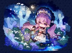 1girl apron artist_name bonnet chibi closed_mouth colorful flower hair_between_eyes hat highres holding holding_umbrella long_hair lt26 maid moon purple_bonnet purple_eyes purple_hair purple_pupils rosemary_(wuthering_waves) smile solo umbrella white_apron wuthering_waves
