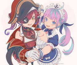 2girls ahoge ascot bicorne black_coat black_headwear blue_bow blue_hair blue_nails blush bow braid breasts brooch cleavage coat colored_inner_hair eyepatch gloves hair_ribbon hat hololive houshou_marine jewelry large_breasts long_hair looking_at_viewer minato_aqua minato_aqua_(1st_costume) multicolored_hair multiple_girls nail_polish off_shoulder open_mouth pirate purple_eyes purple_hair red_eyes red_hair red_ribbon ribbon smile thighhighs twintails two-tone_hair vinhnyu virtual_youtuber white_gloves
