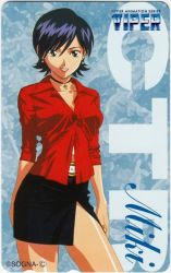1girl black_hair black_skirt breasts choker earrings female_focus jewelry miki_(viper) pencil_skirt red_shirt shirt short_hair side_slit skirt smile solo viper_(series) viper_ctr