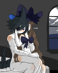 1boy 1girl blue_bow blue_eyes blue_hair blue_hat blush bow brown_hair carniccity closed_mouth cloud colored_skin completely_nude eyepatch fins fish_tail flat_chest funamusea hand_on_another&#039;s_hand hand_on_lap hat hat-bow head_fins heart hetero indoors jitome kiss long_hair motion_lines navel nude oounabara_to_wadanohara samekichi_(funamusea) scar scars_all_over shark_boy shark_tail sitting sitting_on_lap sitting_on_person smile source_request sunglasses tail too_many wadanohara water white_skin window witch witch_hat