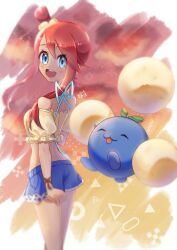 1girl 3q_vbp_poke bare_shoulders blue_eyes breasts closed_eyes crop_top gen_2_pokemon jumpluff long_hair looking_back midriff nintendo pokemon pokemon_bw pokemon_masters_ex red_hair short_sleeves shorts skyla_(pokemon) skyla_(summer_2025)_(pokemon) sunset