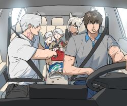 2girls 3boys adventurer_(ff14) alisaie_leveilleur alphinaud_leveilleur alternate_costume animal_ears archon_mark beard_stubble blue_eyes brother_and_sister brown_hair car_interior cat_ears chips_(food) closed_eyes contemporary cookie driving elezen elf facial_hair final_fantasy final_fantasy_xiv food food_in_mouth group_picture highres hyur miqo&#039;te multiple_boys multiple_girls neck_tattoo pointy_ears seatbelt shirt short_hair short_sleeves siblings sitting sleeping steering_wheel stubble tattoo thancred_waters twins warrior_of_light_(ff14) white_hair white_shirt y&#039;shtola_rhul ziguck