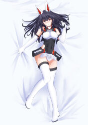 1girl absurdres agatsuma_kaede alice_gear_aegis animal_ears bed_sheet black_eyes black_hair black_leotard blush boots breasts covered_navel dakimakura_(medium) elbow_gloves full_body gloves highres leotard long_hair looking_at_viewer lying mechanical_ears medium_breasts on_back purple_eyes sheet_grab skirt solo thigh_boots thighhighs tubamesaapoo white_gloves