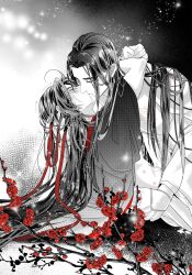 2boys ahoge alternate_hairstyle anal bbbeyonce099 bishounen blush bottomless branch chest_tattoo chinese_clothes closed_eyes clothes_down couple cum cum_in_ass cumdrip flower hair_down hair_ribbon hand_in_another&#039;s_hair hand_on_another&#039;s_back hand_on_another&#039;s_neck hanfu hickey highres holding holding_another&#039;s_hair holding_ribbon hug implied_sex kiss lan_wangji long_hair long_sleeves male_focus modao_zushi monochrome multiple_boys red_flower red_ribbon ribbon robe saliva saliva_trail sex spot_color tattoo topless_male wei_wuxian wei_wuxian_(yiling_laozu) wide_sleeves yaoi