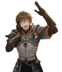 Rule 34 | 1boy, ^ ^, alter (mabinogi), arm up, armor, belt, black gloves, black pants, black shirt, blue shirt, breastplate, brown belt, brown hair, closed eyes, commentary request, cowboy shot, double-parted bangs, faulds, gloves, hair between eyes, highres, knight, korean commentary, layered sleeves, leather armor, long sleeves, mabinogi, male focus, open mouth, pants, pauldrons, ray (lthenray), red trim, shirt, short hair, short over long sleeves, short sleeves, shoulder armor, simple background, solo, standing, teeth, tongue, upper teeth only, white background